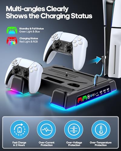 Image of PS5 /Slim /Pro Stand and Cooling Station with LED Controller Charging Station for PlayStation 5 Console, Controller Charger, Cooling Stand, PS5 /Slim /Pro Accessories Kit with 3 Level Cooling Fan - Black