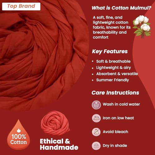 Image of Plain Mulmul Soft Cotton Fabric | Lightweight Breathable Mulmul Cloth | Super Quality Natural Cotton Fabric for Kurta, Dress, Dupatta, Lining & Craft Use (Red, 1 Meter)