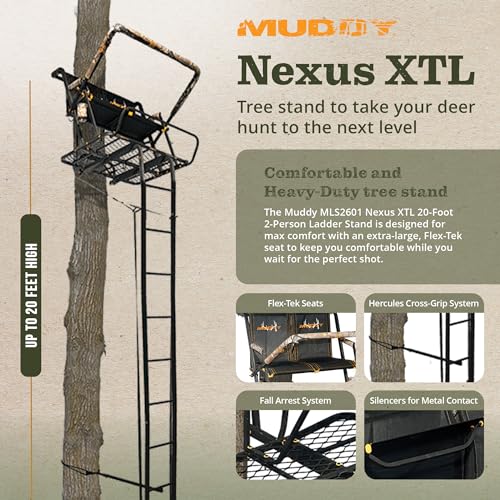 MUDDY 2-Person Nexus XTL Steel Ladder Tree Stand, 20 ft Tall, 500 lb Capacity - Heavy-Duty Hunting Treestand with Flex-Tek Seat, Footrest, Padded Shooting Rail, Cup Holders & Safety Hooks