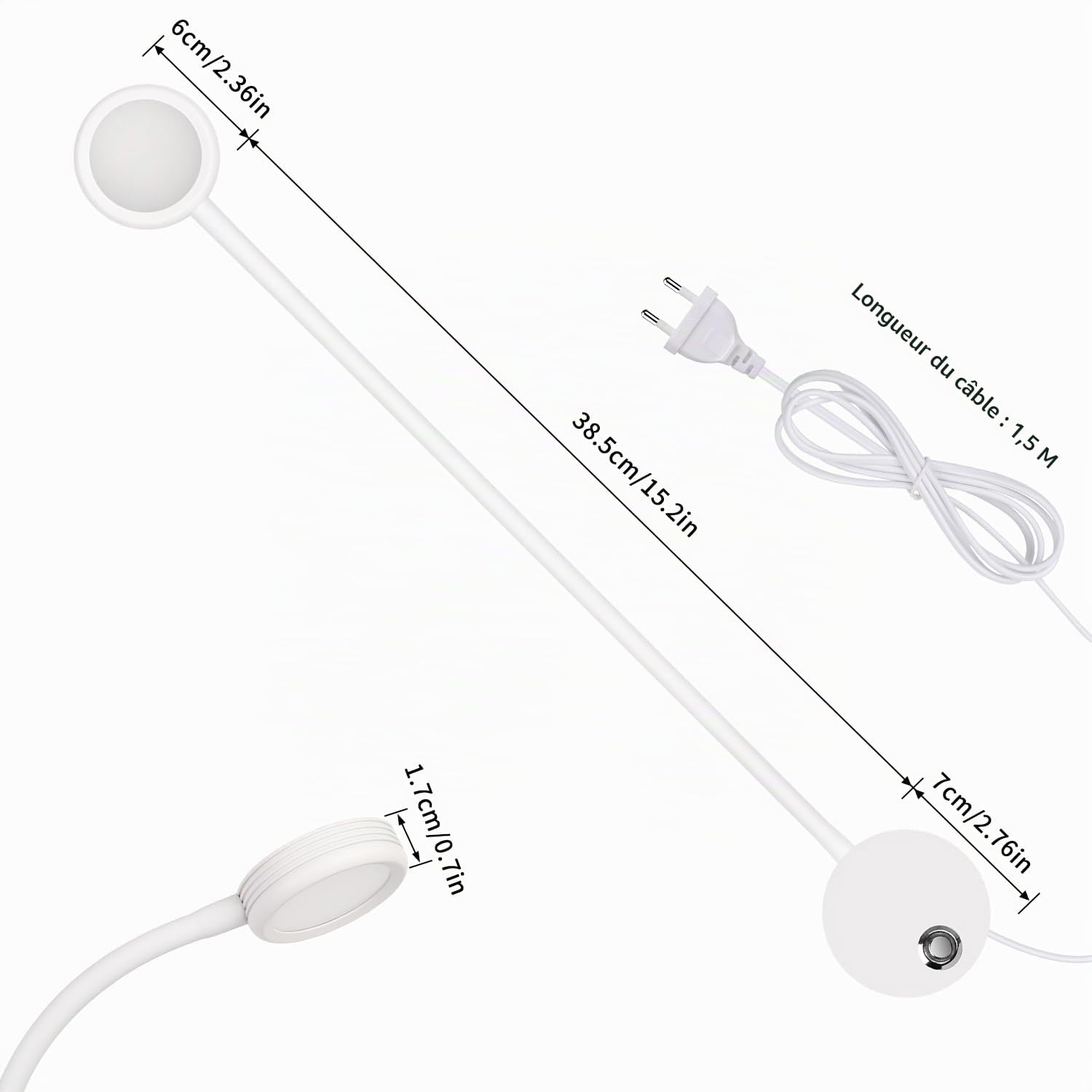 ERWEY Applique murale LED, Lampe de table avec bouton tactile réglable lumière 3000-6000k, 4W lampe de table 360 ° flexible col de cygne lumière avec port de charge USB pour lit, chambre à coucher