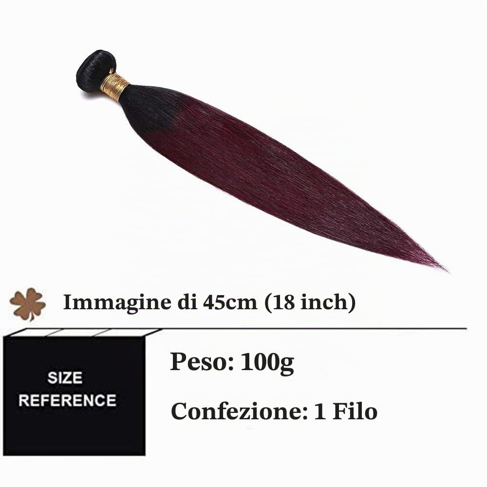 SEGO Extension Capelli Veri Tessitura Matassa Virgin Human Hair Brasiliani Shatush 100g Capelli Lisci per Cucire 25cm #1BT99 Nero Naturale/Rosso Borgogna