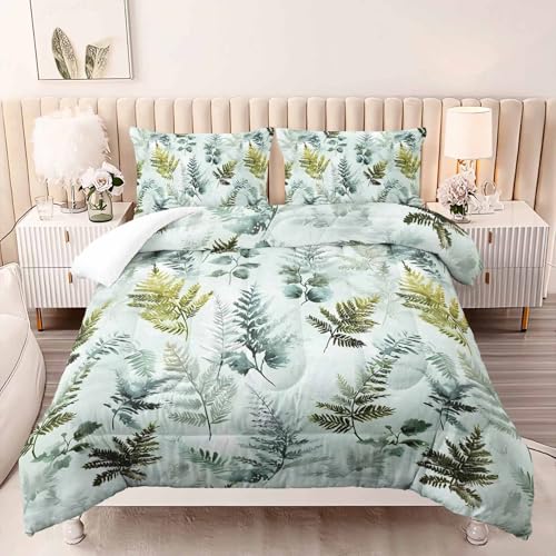 Image of AILONEN Queen Size Comforter Set, Nature Botanical Leaf Green Bedding with 2 Pillowcases, 3-Piece Soft Microfiber