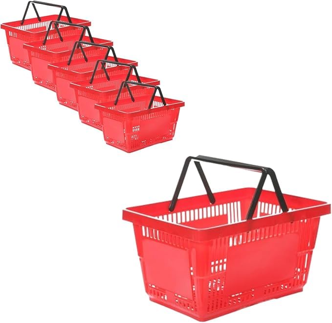 Retail Shop Supermarkets Plastic Shopping Basket With Wheels And Telescopic Handle, Plastic Shopping Baskets, Stacking Baskets (5 X Red Basket 27L)