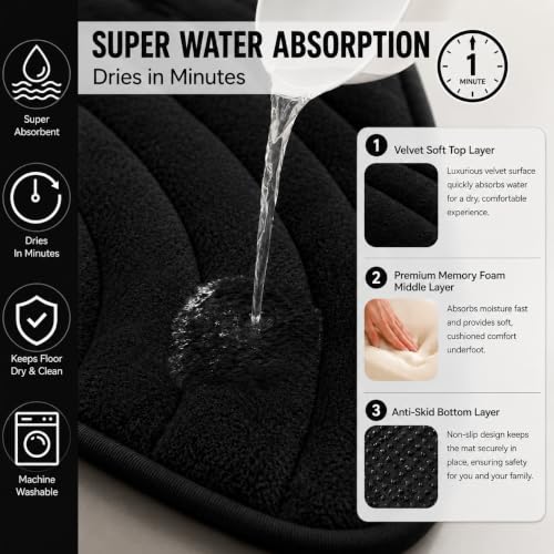 Image of Premium Memory Foam Bath Mat | 40x60cm Super Absorbent Velvet Bathroom Rug | Non-Slip Machine Washable Floor Mat (Jet Black)