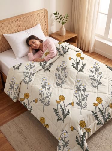 Image of Mafatlal 120 GSM Tulip Single Bed AC Comforter Blanket | Premium Microfiber Reversible All Season Rajai | Ultra Soft Lightweight Quilt Duvet for Daily Home Use | 154 x 228 cm | Ivory
