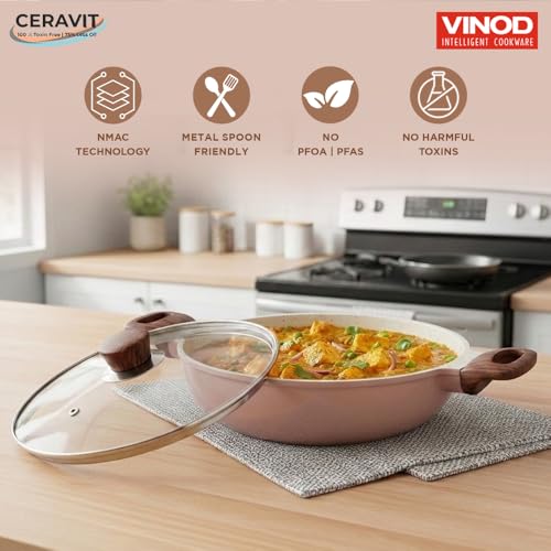Image of Vinod Ceravit Ceramic Deep Kadai with Glass Lid 24 cm (2.4 Litre) | Non Stick Cookware | PFAS & PFOA Free | Patented NMAC Natural Ceramic Coating | Metal Spoon Friendly | Gas & Induction Compatible