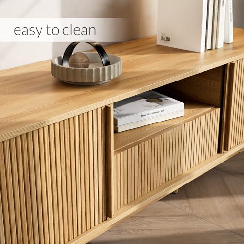 Image of Furniway Modern TV Stand for 45 /55 /70 inch TV, Entertainment Center with Sliding Doors and Storage, Wood TV Stand for Bedroom, Living Room, Natural