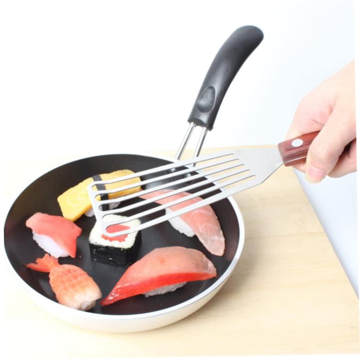 Amosfun 2 Pz Spatola per Bistecca Girapesce a Fessura Tornitore a Fessura Pala Fritta Spatole Scanalate Spatola con Manico in Legno di Legno