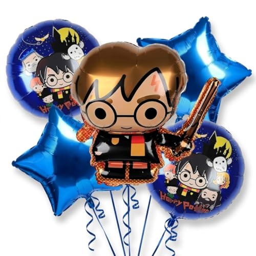 Image of Wanna Party Magician Boy Theme Foil Balloon Bouquet Set - 5PC Helium Supported Magic Birthday Balloons for Kids Party, Cake Table, Backdrop & Photo Booth Decor