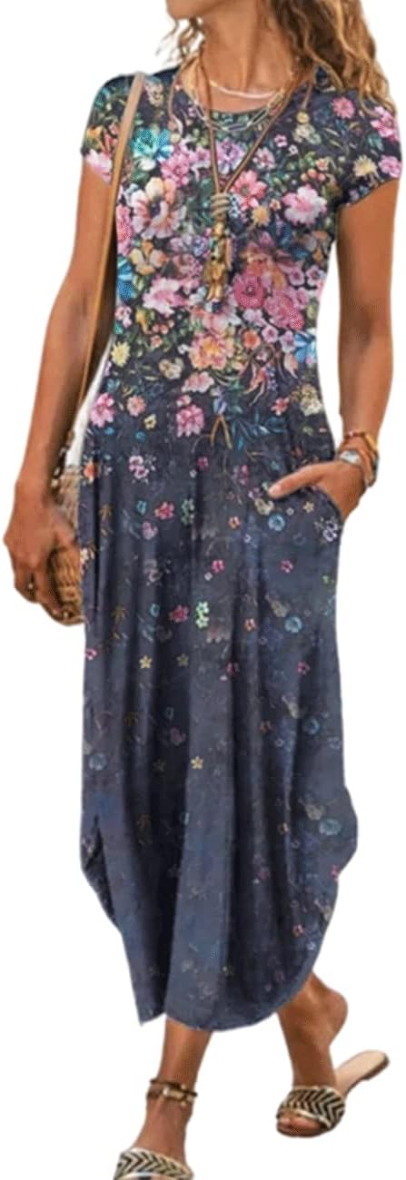 Size Large Women Summer Casual Maxi Dress Floral Printed Loose Pockets Short Sleeve Split Boho Dresses