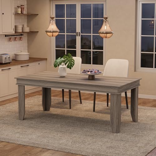 Image of GarveeHome Farmhouse Dining Table for 6-8 People, 71 in Long Kitchen Tables with Wooden Sturdy Frame, 6 ft Large Rectangular Dinner Table for Dining Room, Kitchen, Grey Walnut, 71 inch Non-extendable
