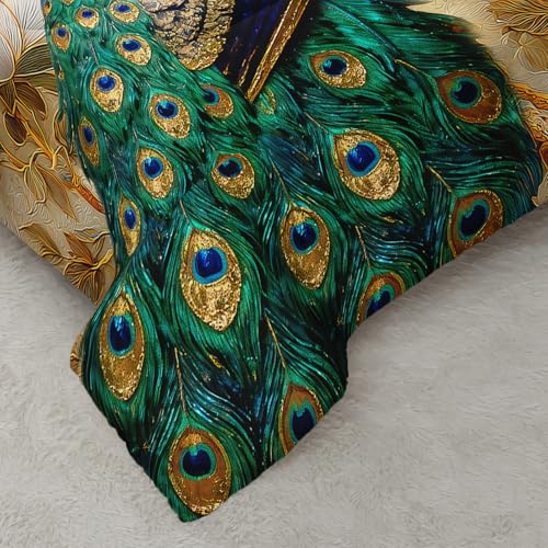 Image of AILONEN Peacock Gold Floral Luxury Print Bedding Sets Twin Size,Beautiful Garden Birds Comforter Set for Girls Women Bedroom Decor,3-Piece, 1 Quilt and 2 Pillowcases