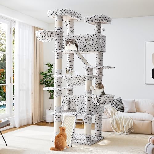 Image of Allewie 81 Inches Tall Cat Tree /Multi-Level Large Climbing Tree House and Towers for Big Feline /Condo and Hammock /Scratching Post /Wide Base /White & Black Spot