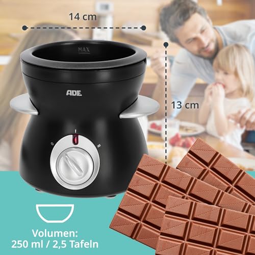 ADE elektrisches Schokofondue 250 ml mit 6 Spießen | Temperiergerät zum Schokolade & Kuvertüre Schmelzen | 2 Temperaturstufen | perfektes Valentinstags Geschenk | ideal für Schokobrunnen