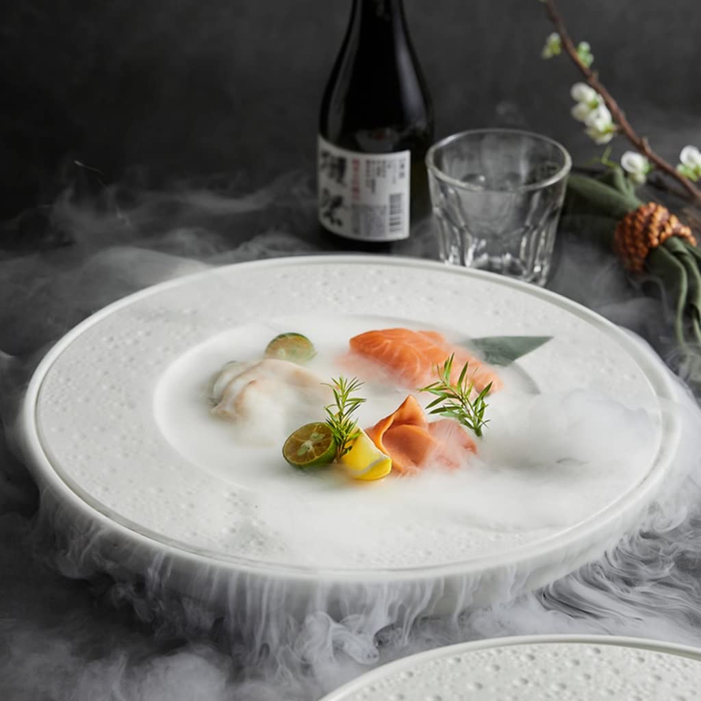 Plato Redondo de Sashimi de Hielo seco, Bandeja Creativa de cerámica para Sushi, Plato de mariscos, salmón, Plato de Cocina Molecular, Plato para Servir Aperitivos para e,White-S