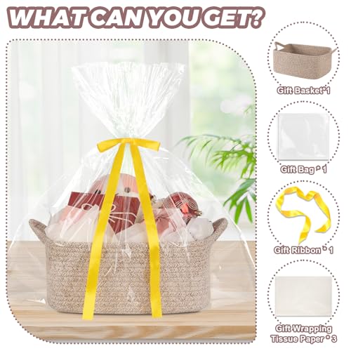Image of OIASKET Gift Basket Empty with Handle, Small Woven Baskets for Gifts Empty | 13.6 inchx10 inchx5.9 inch, Baby Shower Toy Storage Baskets, Dog Toy Storage for Organizing, with Gift Bag Ribbon Tissue Paper