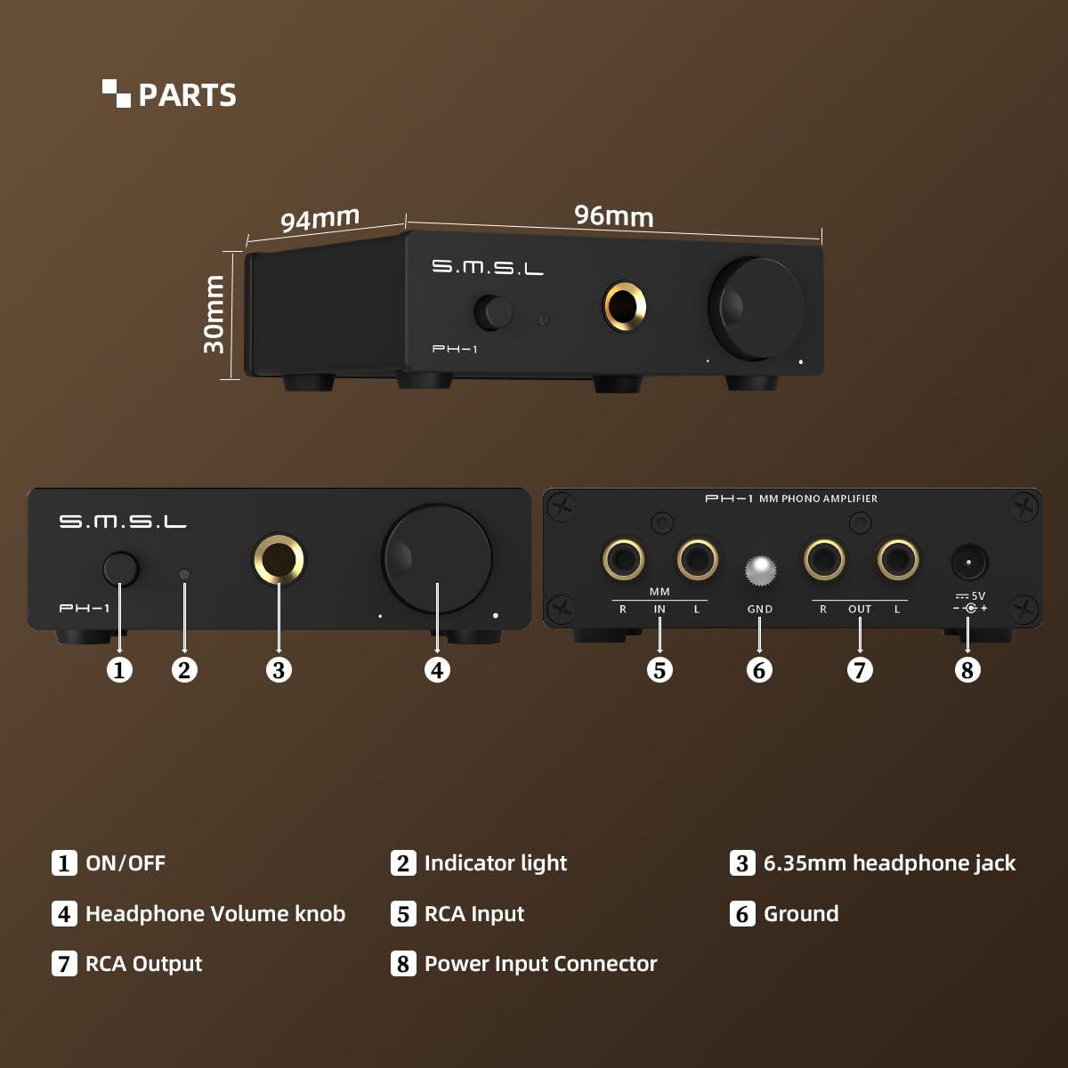SMSL PH-1 Preamplificatore Phono MM Giradischi RCA 6,35mm Cuffie Alimentatore