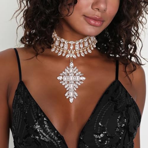 Flyonce Costume Statement Bib Necklace, Sparkly Rhinestone Crystal Vintage Art Deco Chunky Choker Necklace for Women3