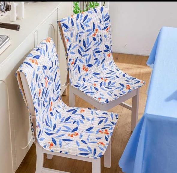 Image of HOMETHREADS Universal-Fit Cotton Fabric Chair Cover Comfortable Cushioned Seating Pad with Anti-Slip Back, Perfect for Kitchen,Dining Room (White Blue, Pack of 8)