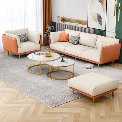 Image of Chesterfield Velvet Upholstery 3-Seater with Armchair and Footrest, Design in 3+1+Footrest Sofa for Living Room, Bedroom, Hallways (Beige & Orange)