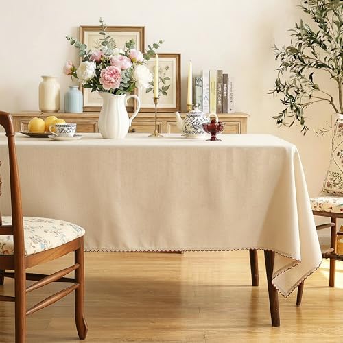 Image of Cotton Tablecloth, Edge Trim, Biscuit Brown, 60 x 60 in | Heavyweight chambray cotton, embroidered edge trim, 4-seater square, machine washable, everyday dining and hosting