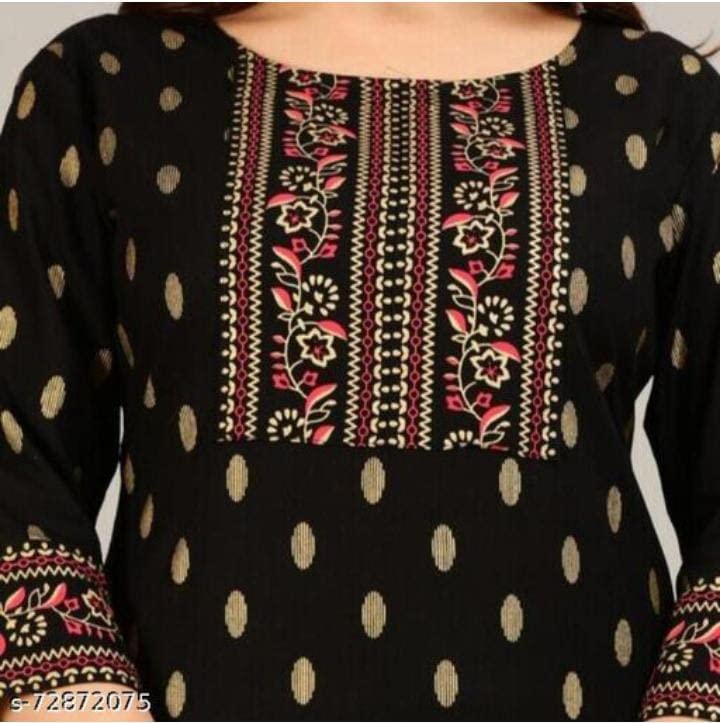Image of Women's Rayon Printed Kurta with Palazzo Set (Small, Black Palazzo Set)
