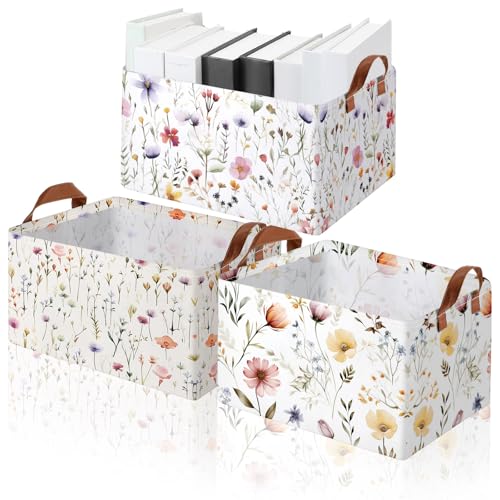 Image of Boao 3 Pcs Wildflowers Storage Bin Wildflowers Collapsible Large Storage Baskets for Gifts Canvas Laundry Basket Foldable Box with Handle for Office Home Bedroom Clothes