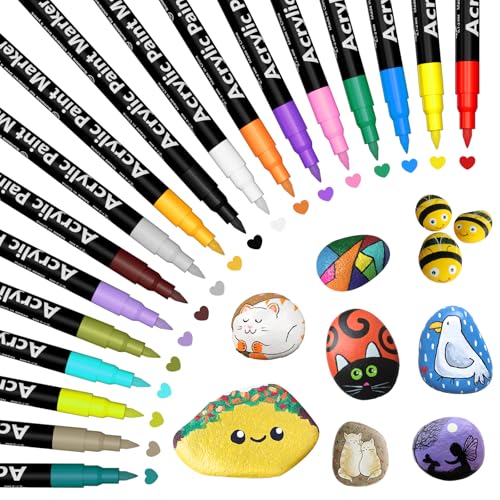 18 Colours Acrylic Pens for Stones Waterproof，Waterproof Oily Acrylic Pens Set, 0.7mm Extra Fine Tip Painting Pen for Wood Ceramic Glass Stone Pebble Crafts,Ideal for Children And Adults
