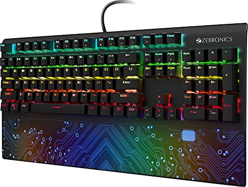 Image of (Refurbished) ZEBRONICS Zeb-MAX Chroma Premium Mechanical Gaming Keyboard with 104 Tactile Switch Keys, Wrist Rest, 18 RGB LED Modes, Braided & Gold Plated USB Cable