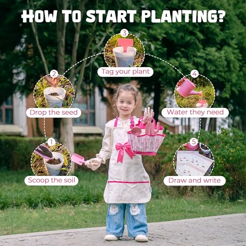 Image of ROBUD Kids Gardening Set 18 PCS Bow Theme Garden Tools for Kids with Storage Bag, Apron, Waterproof Gloves, and Planting Cards - Educational Outdoor STEM Gardening Toy Gift for Girls and Toddlers