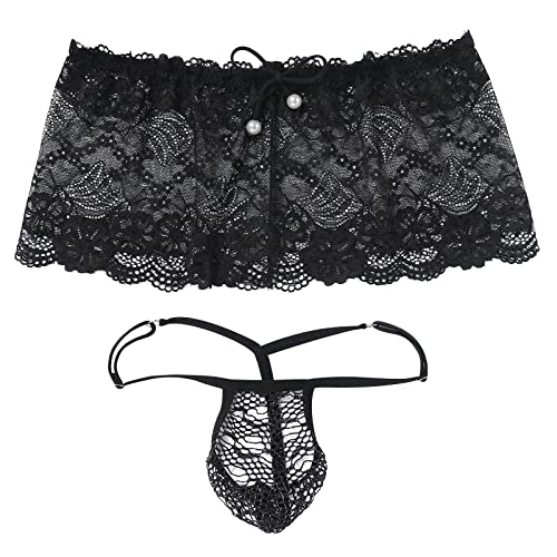 ABAFIP Men's Sissy Lingerie Low Rise Lace Mesh Sheer Mini Skirt + G-string Panties 2Pc Crossdressing Underwear