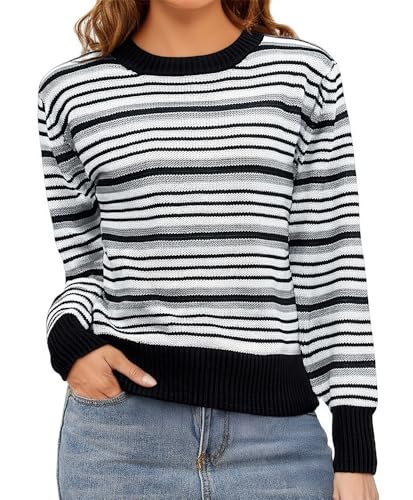 Women Sweater Long Sleeve Striped - Pullover Sweaters, Crew Neck Lightweight Fit Knit Tops, Spring Fall Trendy Outfits