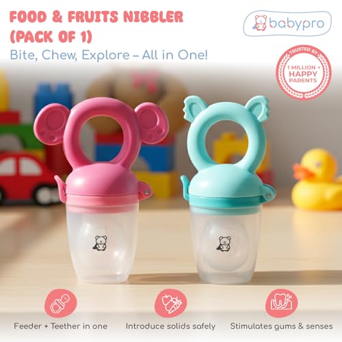 Image of BabyPro Silicone Fruit & Food Nibbler with Extra Mesh & Tiny Holes, Pack of 1 | Pacifier Feeder Teething Relief BPA Free Leak-Proof Safety Lock