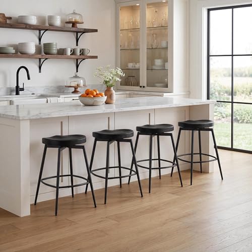 Image of 25 inch Swivel Backless Saddle Bar Stools Set of 4, Black | Solid Wood Saddle Seat, Metal Legs, Footrests,Swivel, Non-Marking Feet, Kitchen Island