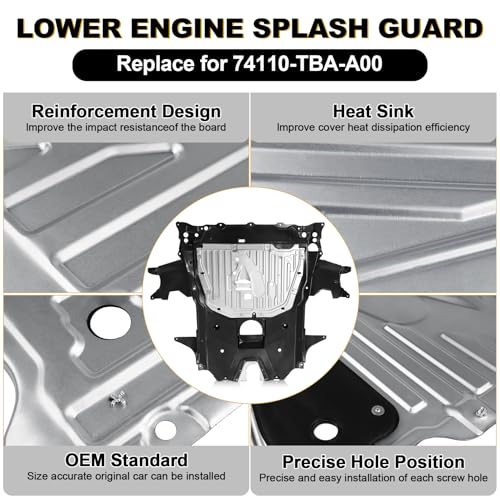 Image of 74110-TBA-A00 Lower Engine Splash Guard Under Car Shield Cover Board for Honda Civic 2016 2017 2018 2019 2020 2021, 74110TBAA00 Underbody Shield | with 90674-TY2-A01 Pins and 90105-TBA-A00 Bolts