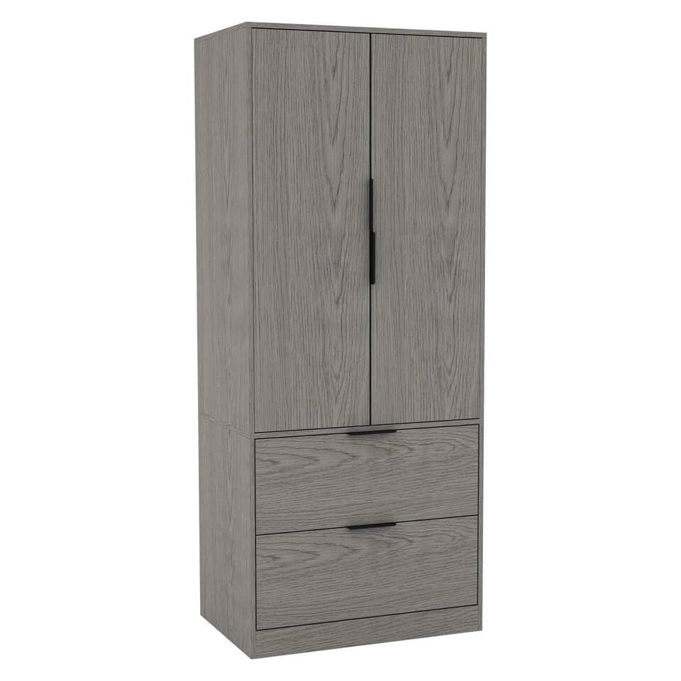 URBNLIVING 2 Door 2 Drawer Minimalist Bedroom Cedar Grey Wardrobe Storage & Hanging Rail Modern Furniture with Clothes Shelf for Home Organiser Unit 179cm H x 74cm W x 50cm D