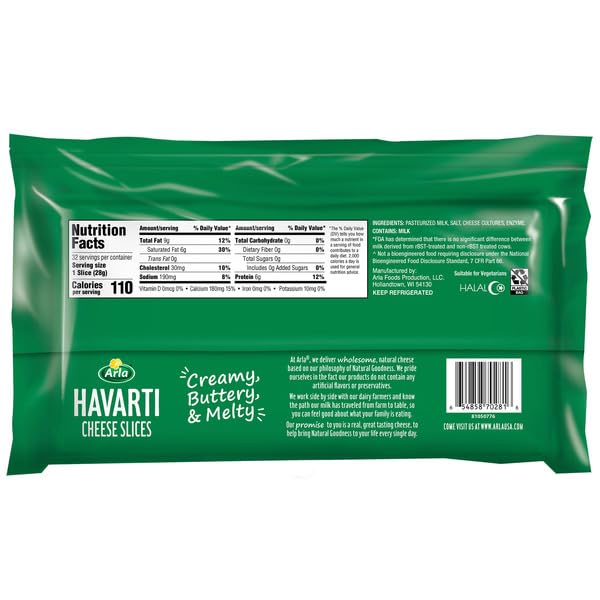 Havarti Cheese Slices, No Preservatives or Hormones Used; No GMO Ingredients; No Artificial Flavors. 2 lbs