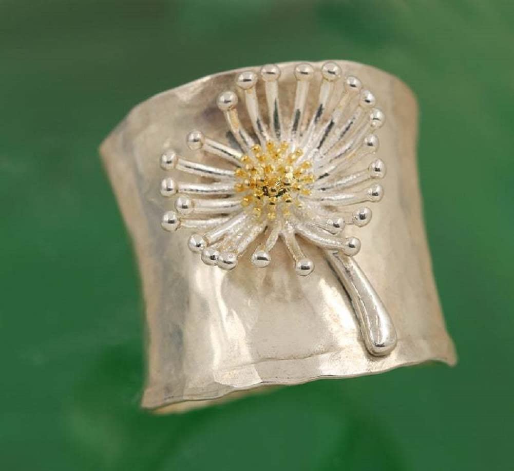 Breite Gänseblümchen-Bänder aus S925-Sterlingsilber, Chrysanthemen-Daumen, blühender Wilder Blumen-Zeigefinger, Daumen-Zeigefinger-Blumen-Statement-Boho-Ring, Schmuck, Geschenk für Sie, Größe L1/2