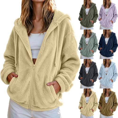 Women Fuzzy Fleece Hooded Zip Up Jacket Long Sleeve Coats with Pockets - image 1