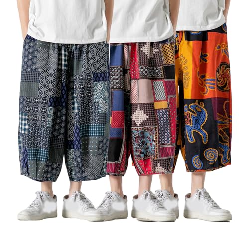 GURUNVANI Mens Patchwork Wide Leg Pants Elastic Waist Harlem Capri Pants Loose Beach Trouser4