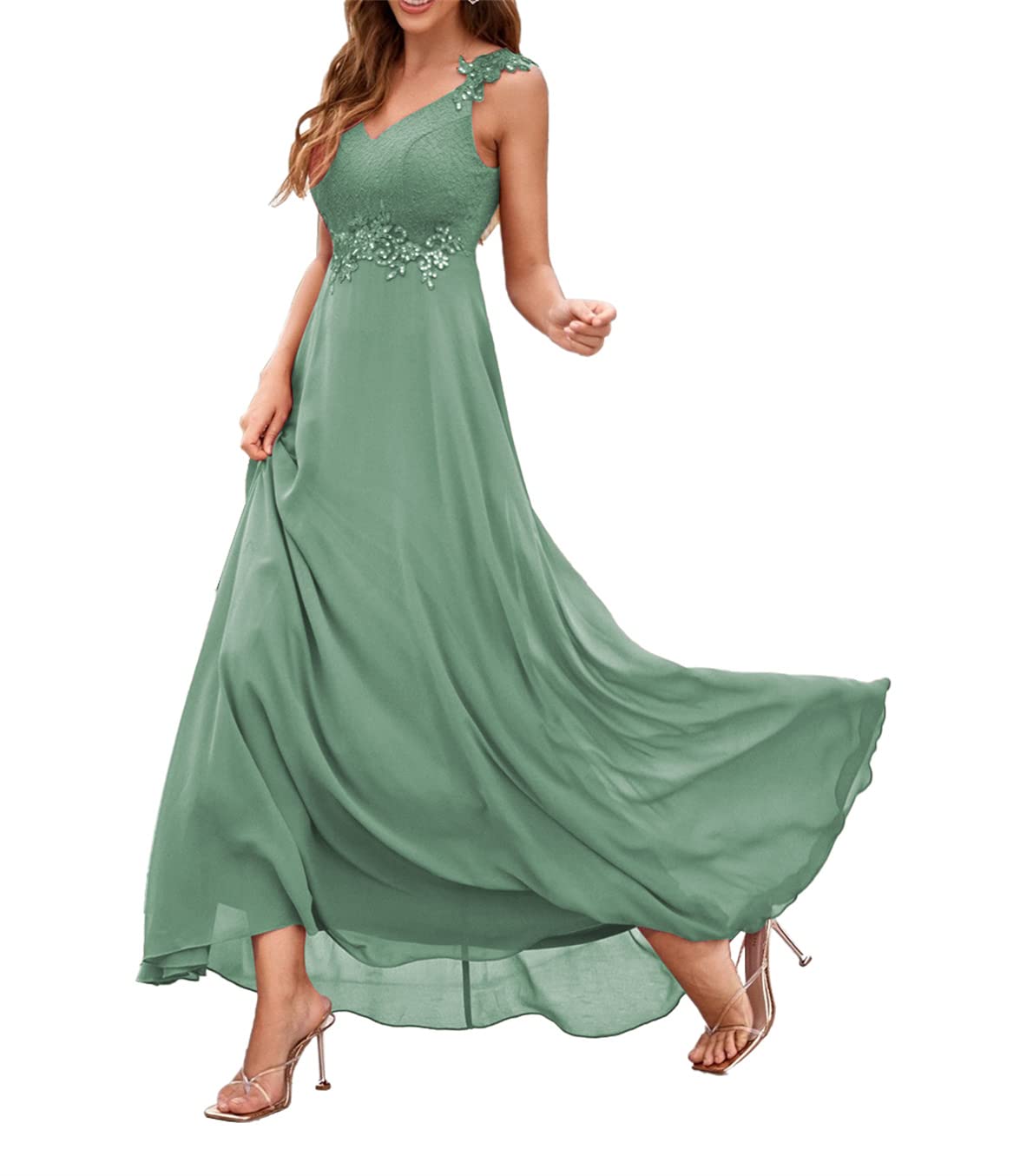 HPPEE Women's V Neck Bridesmaid Dresses Slit Floor Length Chiffon Plus Size Lace Applique Formal Maid of Honor Gowns with Pockets Sage Green UK22