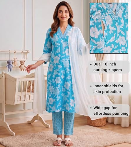 Image of DUMMY SHAPE Feeding Kurtis for Women Cotton Blend | Floral Kurta Pant Dupatta Set with Nursing Zippers to Pre & Post Partum | Maternity Dresses | Mom to Be Gifts for Pregnant Woman