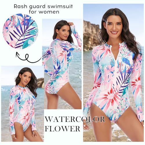 Zando UPF 50+ Long Sleeve Surfing Rash Guard Swimsuit - Womens One Piece Zip Floral Print Sports Bathing Suit for Beach Wear4