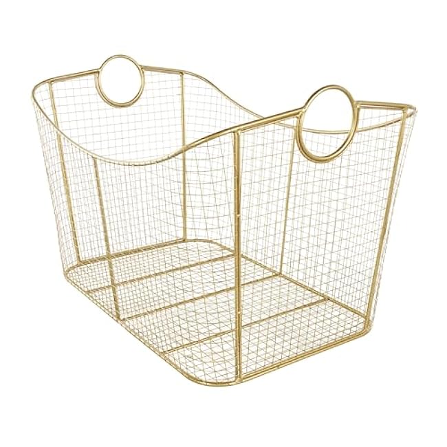 Deco 79 Metal Geometric Decorative and Functional Storage Basket Wire Grid Basket Organizer with Curved Edges Ring Handles, Basket for Storage 30 x 20 x 20, Gold