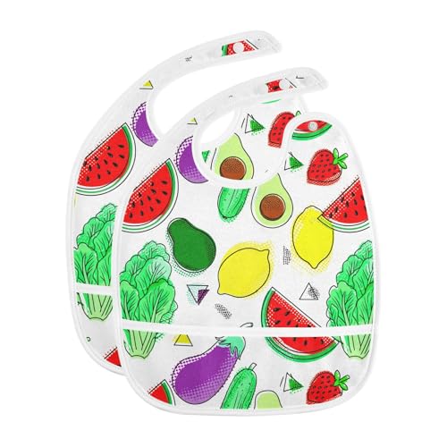 MCHIVER Veggie Fruit White Baby Bibs for tag1 Waterproof Feeding Bib Apron with Food Cather Adjustable Cotton Food Eating Bib 2 Pack