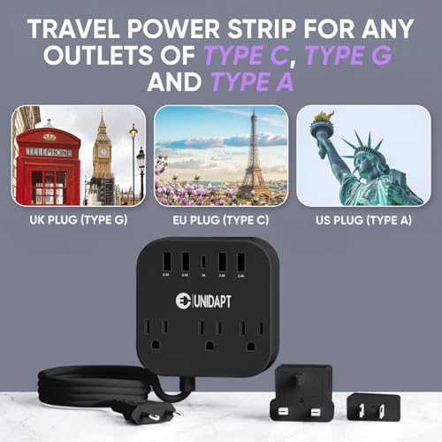 Image of European Plug Adapter, Unidapt US to UK Europe Power Strip for EU /UK /US with USB C and 4 USB Ports, 3 AC Outlets, Wall Mountable, 5ft Extension Cord, for Travel Cruise Ship Home (Black)