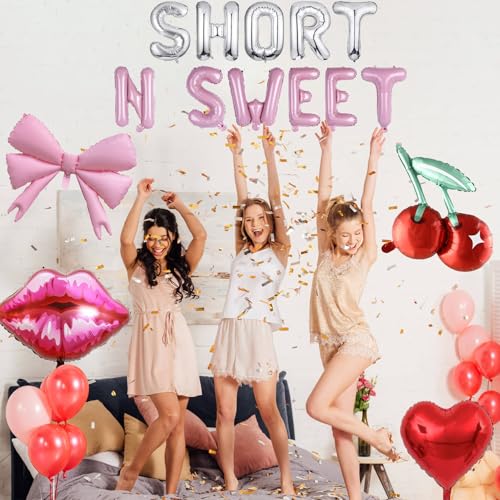 Image of Short N Sweet Balloon Banner Cherry Lip Red Heart Pink Bow Mylar Balloon for Singer Bachelorette Party Singer Birthday Party Decorations
