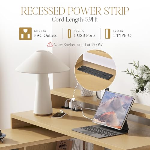 Image of 67 inch L Shaped Executive Desk with Drawers & Storage Shelf, Corner Computer Desk with Power Outlets, Home Office Desk with Monitor Stand, Printer Shelf, Computer Writing Desk for Work, Oak