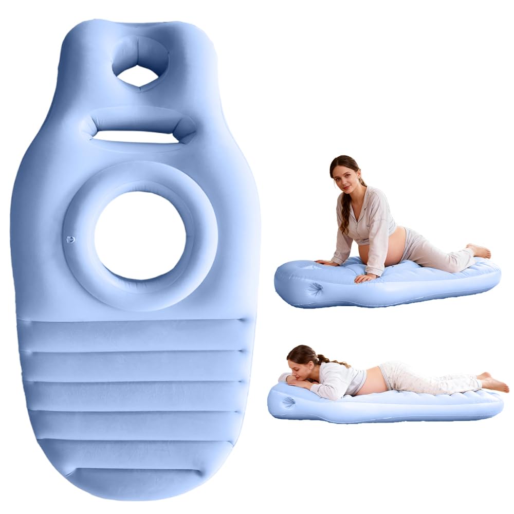 Aufblasbares Schwangerschaftskissen, Yogamatte für Schwangere mit Loch, Tragbares Kissen zum Schlafen, Beflocktes PVC Luftbett (Blau)