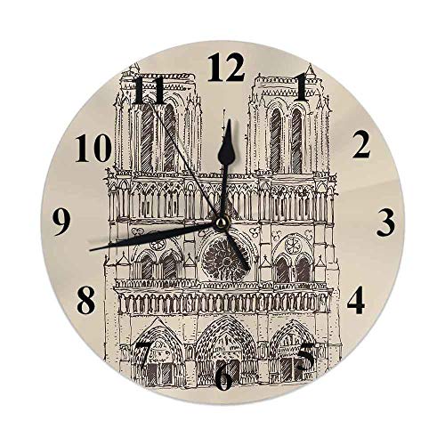 Catedral de Notre Dame De Paris Reloj Francia Vintage Reloj de pared dibujado a mano Silencioso Sin tictac 10 pulgadas Funciona con pilas Relojes de pared redondos Decoración del hogar para sala d